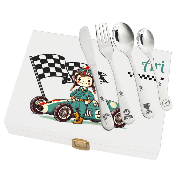 F1-es pilóta mintás gravírozott fadobozos evőeszközkészlet F1-es pilóta mintás gravírozott fadobozos evőeszközkészlet