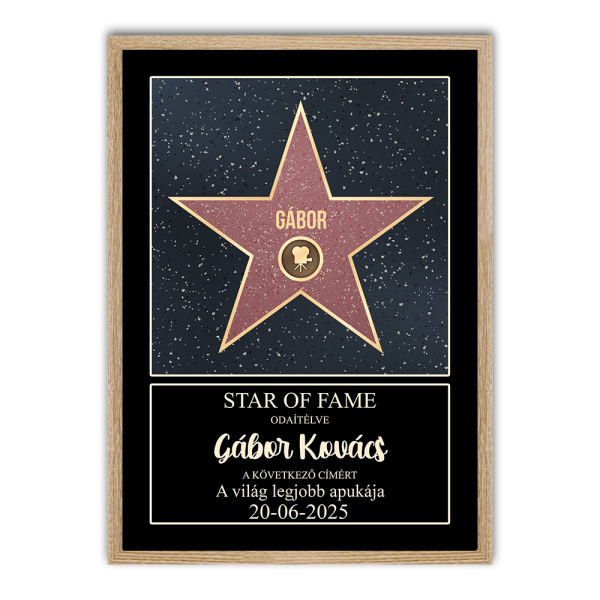 Szem&eacute;lyre szabott Walk of Fame oklev&eacute;l keretben